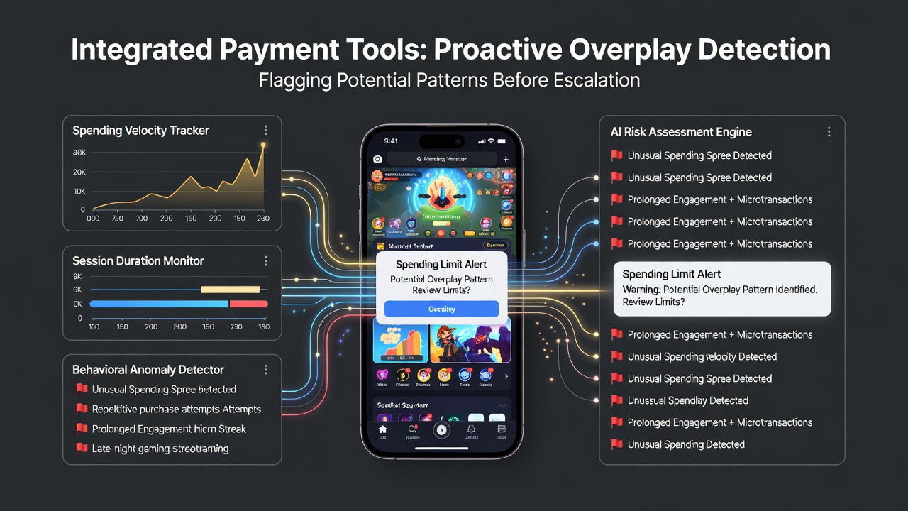 Analytics dashboard displaying flagged user patterns and intervention triggers in a mobile gaming payment system
